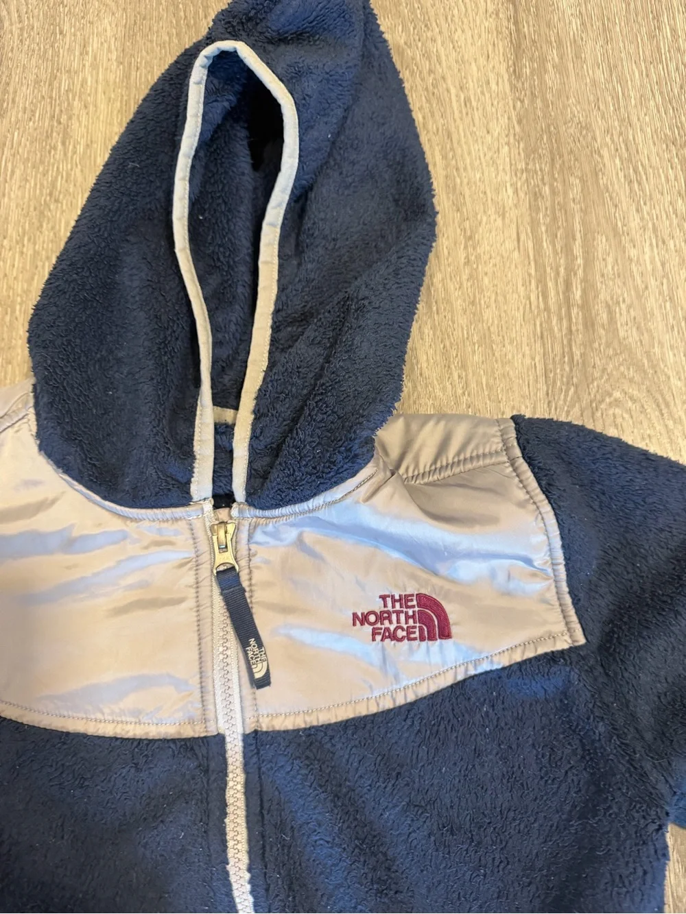 The North Face Osito Fleece Girls Navy/gray Hooded Jacket Size Medium 10/12